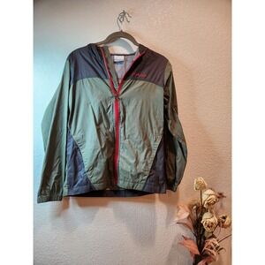 Columbia Youth Medium 10/12 Hooded Windbreaker Jacket Olive Gray‎ Red Zip